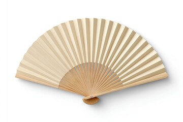 Light beige paper fan with light brown wooden handle, seen from above against a white background