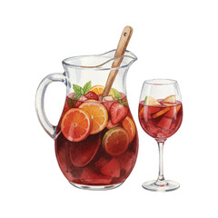 Watercolor Sangria Vector Illustration Isolated on White Background, Spanish Wine Punch Clipart for Party, Bar, Cafe and Drink Menu Design