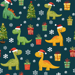 Seamless Christmas dinosaur pattern, cute dinos in Santa hats with gifts, snowflakes and Xmas trees. Festive holiday vector background for kids, wrapping paper, fabric and decoration