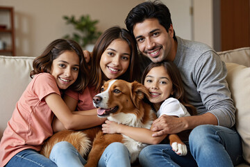 Portrait of happy smiling hispanic family with two daughters and pet dog cuddling on sofa at home. Loving parents and children enjoying quality time together, representing love and family values
