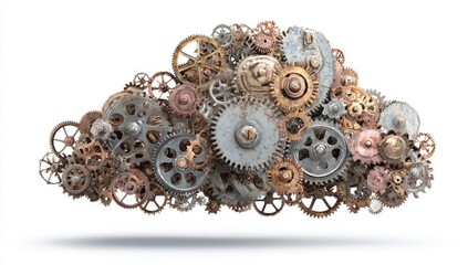 A cloud-shaped cluster of intricate gears and cogs