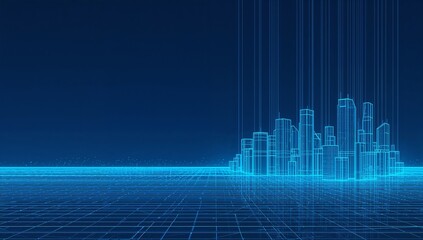 Futuristic city landscape background blue. Low poly wireframe night buildings with glowing effect. Abstract tech smart cityscape background. Innovation skyscrapers and offices.  ai