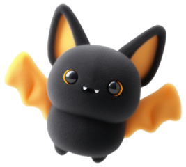 Cute bat character with bright orange wings and round eyes, ready for a fun Halloween party or festive event isolated on transparent background.