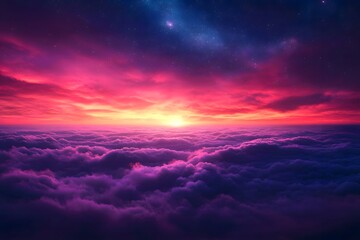 Fototapeta premium A vibrant sunset over a sea of clouds with pink and purple hues and a starry night sky above it