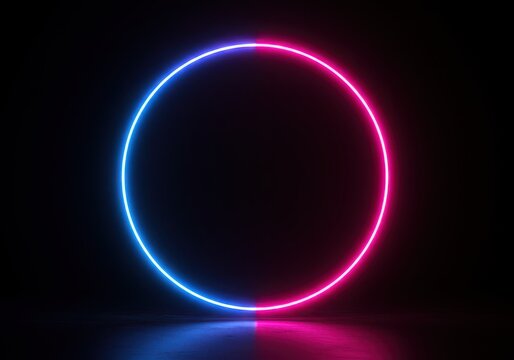 Glowing neon circle with blue and pink light on black background - Powered by Adobe