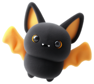 Cute bat character with bright orange wings and round eyes, ready for a fun Halloween party or festive event isolated on transparent background.