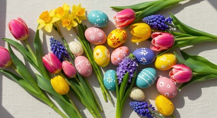Easter celebration with colorful eggs and flowers outdoor garden decorative arrangement spring vibes birds eye view festive