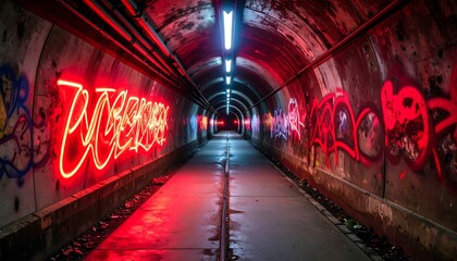 Neon Lit Tunnel with Graffiti Art and Dramatic Lighting