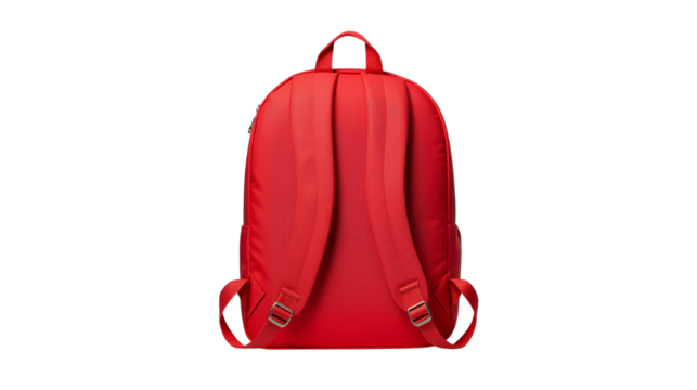 Red backpack with textured surface, isolated on transparent background