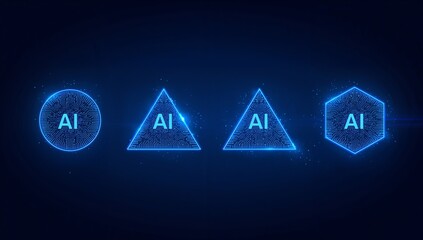 Futuristic AI Symbols – Glowing Geometric Shapes Representing Artificial Intelligence in Digital Tech Interface