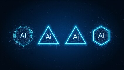 Neon AI portals. Abstract set of neon light blue portals or AI HUD futuristic tech frames. Technology dark background. Game design, or UI and UX interface elements new