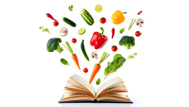 Fresh vegetables exploding out of an open cookbook