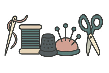 Assortment of essential sewing tools including needle, thread, thimble, pincushion, and scissors for various textile projects
