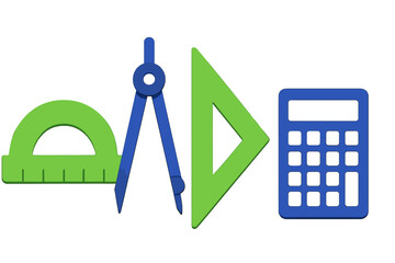 Educational mathematics and geometry instruments featuring a protractor, compass, set square, and calculator for learning
