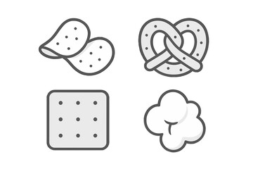 Assortment of common snack foods including potato chips, pretzel, cracker, and fluffy popcorn for various occasions