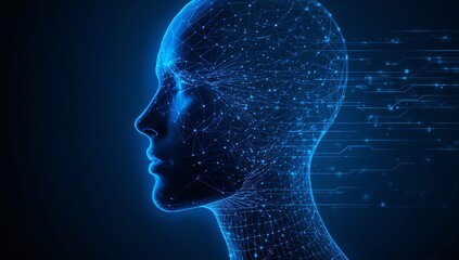 A digital human face consists of connected dots, thin lines, and triangles. The silhouette of a cyborg flows into the wires of circuit in low poly blue. AI concept. 
