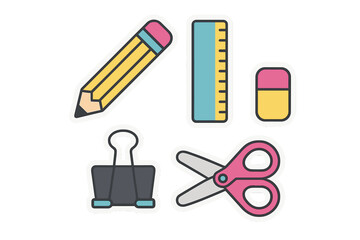 Assortment of colorful school and office supplies including pencil, ruler, eraser, binder clip, and scissors