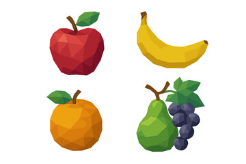 Assortment of colorful geometric low poly fruits including red apple yellow banana orange and green pear with purple grapes
