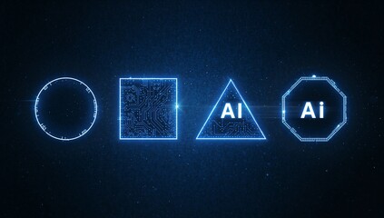 Neon AI portals. Abstract set of neon light blue portals or AI HUD futuristic tech frames. Technology dark background. Game design, or UI and UX interface elements. ai