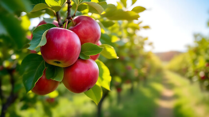 Ripe red apples on tree.  
Apple orchard under sunlight.  
Fruit trees with green leaves.