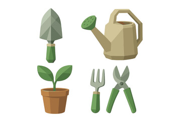 Collection of essential gardening tools including spade, watering can, hand fork, pruning shears, and a small potted plant for home garden cultivation and landscaping projects