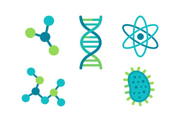 Diverse scientific symbols depicting DNA helix, atomic model, various molecular structures, and a microbe