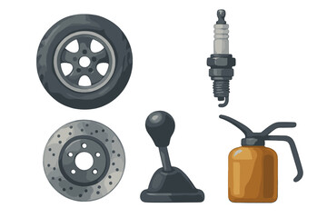 Automotive parts for vehicle repair and maintenance including tire, brake disc, spark plug, gear lever, and oil can