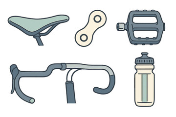 Collection of essential bicycle components and accessories including saddle, handlebars, pedal, chain, and water bottle