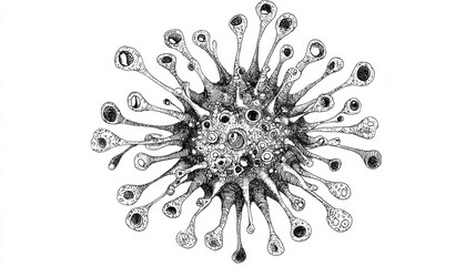 A hand-drawn virus illustration, clean line art, isolated on white background.	