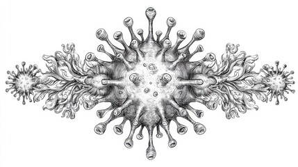A hand-drawn virus illustration, clean line art, isolated on white background.	