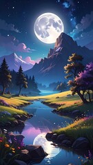 Peaceful mountain meadow at night