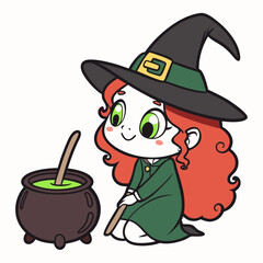 Cute Witch Brewing Potion Cartoon Illustration