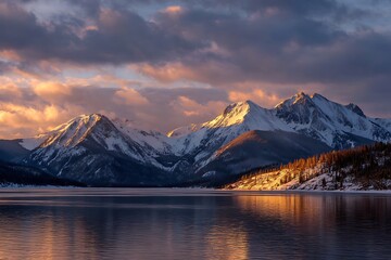 Scenic mountain range reflecting in the calm lake at sunset with cloudy sky.