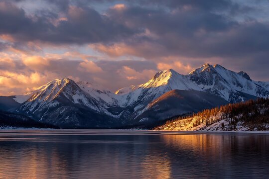Scenic mountain range reflecting in the calm lake at sunset with cloudy sky.