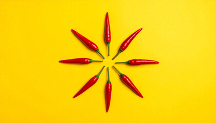 Chili peppers arranged in a star shape on a bright yellow background