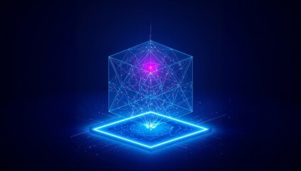Abstract digital data cube in technology futuristic wireframe style. Isometric polygonal 3D box in light blue and purple on dark background. Blockchain, Big Data and Artificial Intelligence concepts. 