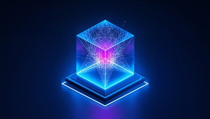 Abstract digital data cube in technology futuristic wireframe style. Isometric polygonal 3D box in light blue and purple on dark background. Blockchain, Big Data and Artificial Intelligence concepts. 
