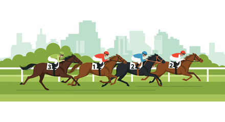 Flat vector illustration of horse racing with jockeys on a grass track, vibrant colors, grandstand, green lawn, and blue sky on a sunny day