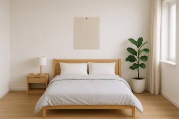 Fototapeta premium Light and airy bedroom featuring wooden furniture, a potted plant, and a blank poster, creating a peaceful and relaxing atmosphere