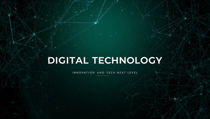 Abstract green technology web banner with connected dots and thin lines wave. Plexus polygonal tech background. AI innovation concept. Digital tech bg is great for using as a cover, presentation, web