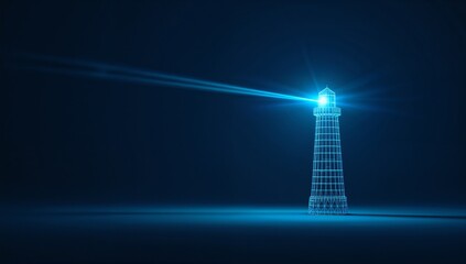Futuristic Wireframe Lighthouse Emitting Blue Beam – Symbolic Representation of Digital Navigation, Innovation, and Technological Guidance