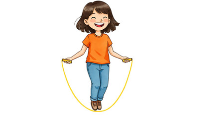 A cartoon girl with brown hair and an orange shirt is jumping rope with a yellow rope happily