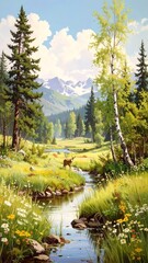 Peaceful mountain meadow scene