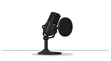 Black microphone and pop filter on a stand on white background