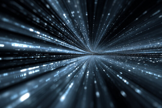 High-tech tunnel made of binary code and glowing light streaks, evoking futuristic concepts of cloud computing, machine learning, and global networks.