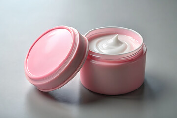 A Realistic image of blank face cream jar mockup. Open Cosmetic jar mockup with lid, blank Plastic creme container. clear body skin beauty cream