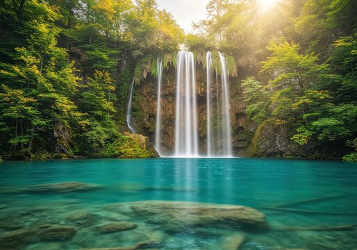 Tropical waterfall with turquoise water and sunlit jungle backdrop