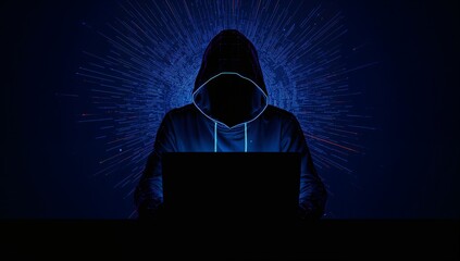 Hooded Figure at Laptop – Dark Cybersecurity Scene with Radial Digital Patterns Representing Hacking and Data Threats