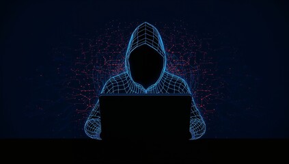 Wireframe Hooded Figure at Laptop – Digital Network Scene Representing Cybersecurity, Hacking, and Data Breach
