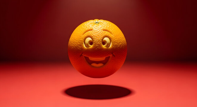 Funny orange fruit with a smiling cartoon face floating on a vibrant red background. - Powered by Adobe